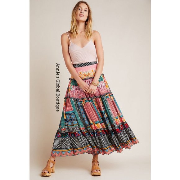 RARE NWT ANTHROPOLOGIE Bhanuni by Jyoti Celina Tiered Maxi Skirt. Size 0 - Picture 7 of 14